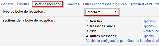 Paramètres > Boite de réception Paramètres > Boite de réception > Type de boite de réception.