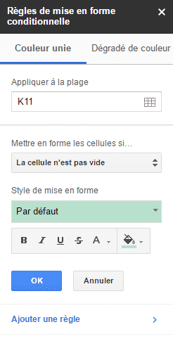 Volet de configuration de mise en forme conditionnelle.