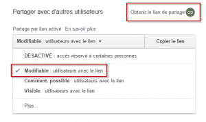 "Partage du fichier par lien en modification."