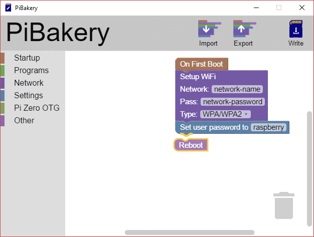 Aperçu de l'écran de configuration de PiBakery