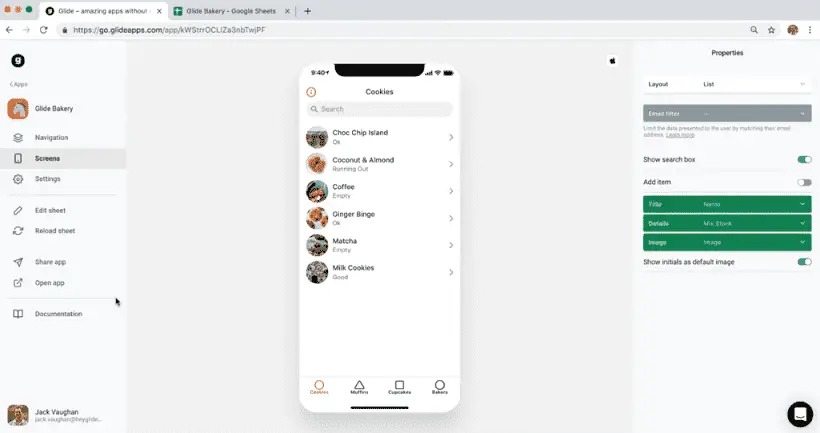 Interface de création d'application de Glide