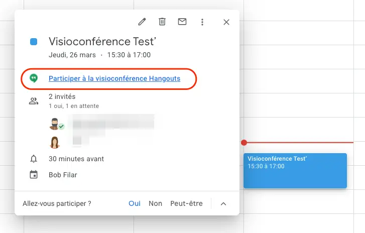 Connexion visioconférence Hangouts depui l'agenda