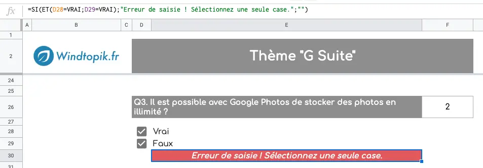 message d'erreur deux cases cochées sheets