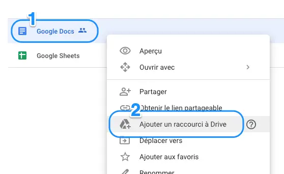 créer un raccourci google drive