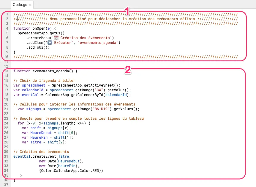 script de création des événements agenda depuis sheets