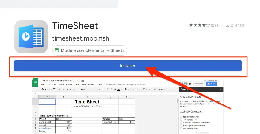 installation module timesheet google agenda