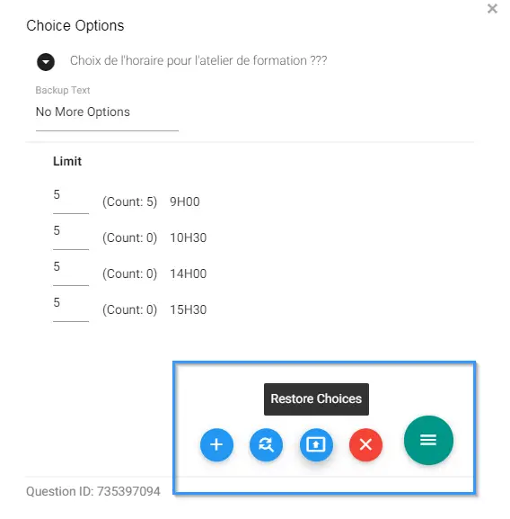 Options disponibles (ex: réinitialiser les questions)