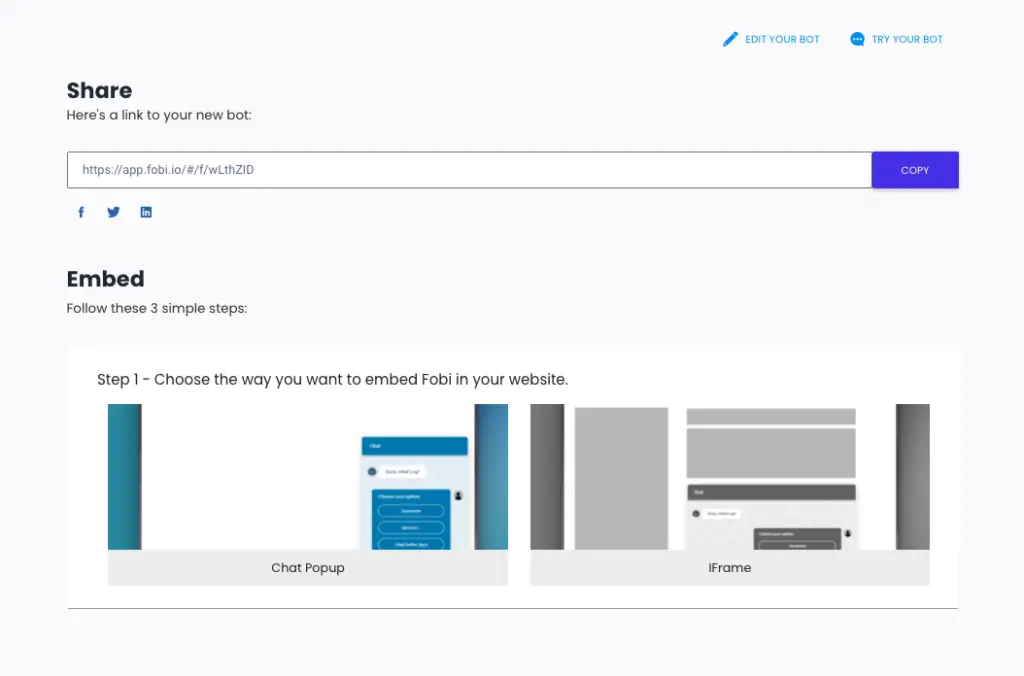 Choix du mode d'intégration sur Chatbot à son site Web