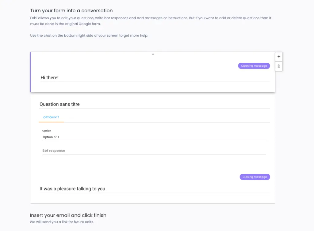 Page création dédié à notre Chatbot en lien avec notre Google Forms