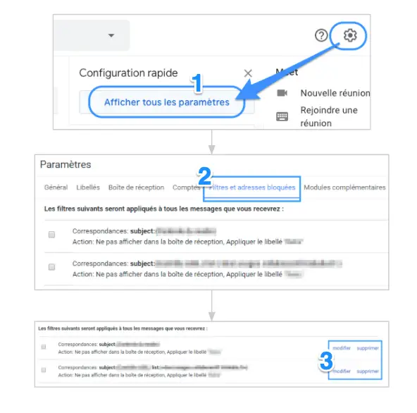 Modifier / supprimer filtres Gmail