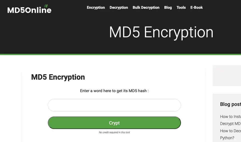 outil de cryptage MD5 Online