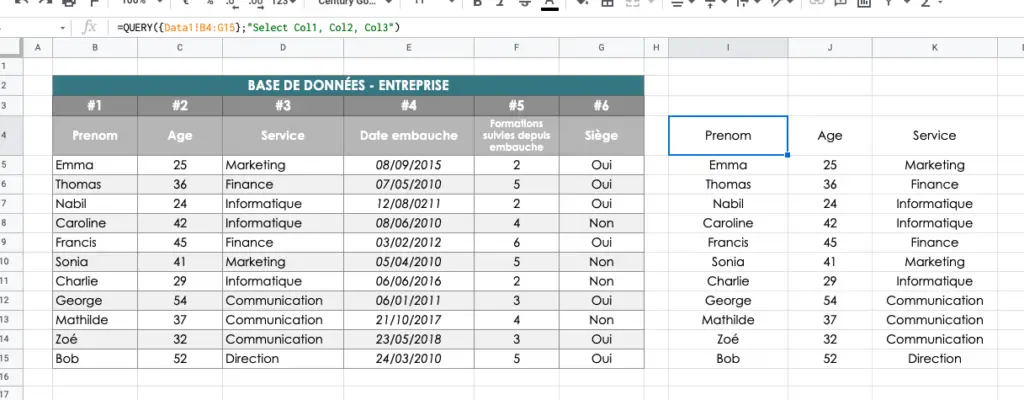 récupérer données dans une autre feuille QUERY SHEETS