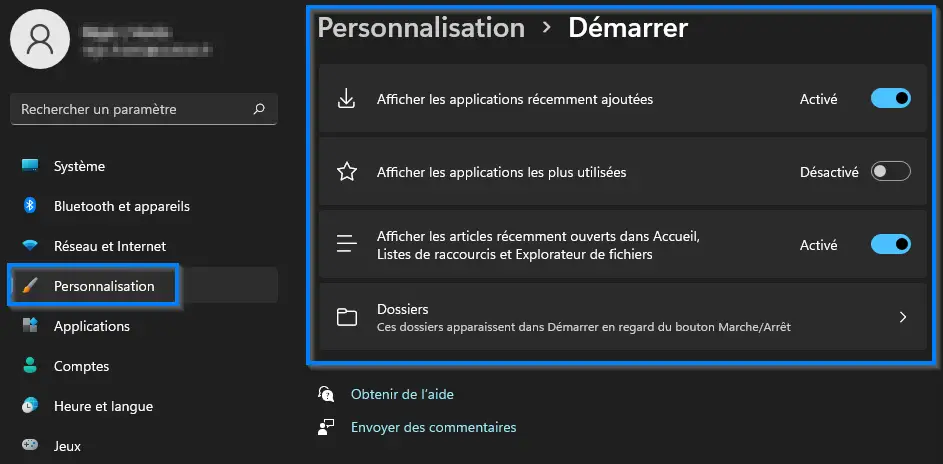 menu personnalisation windows 11 - options démarrer