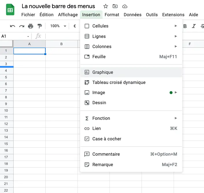 Nouveau menu "Insertion" - Google Sheets


