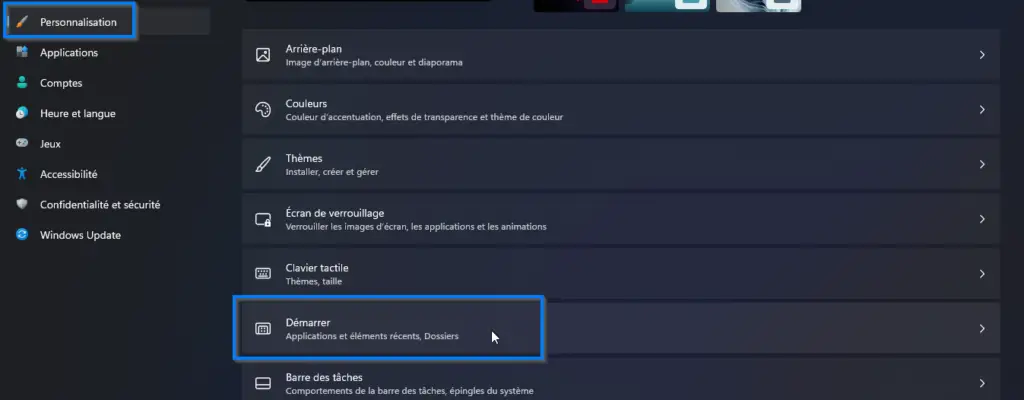 menu personnalisation windows 11