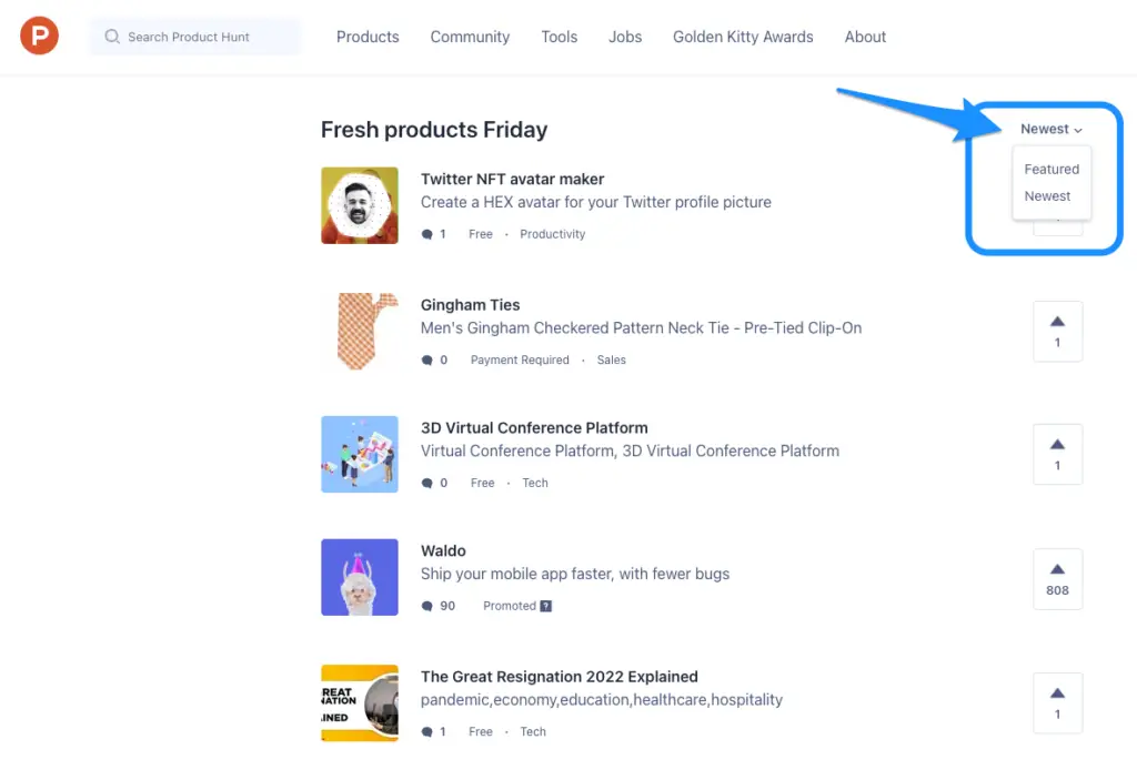 affichage des produits sur product hunt