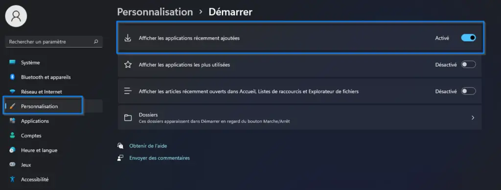 afficher applications récentes windows 11