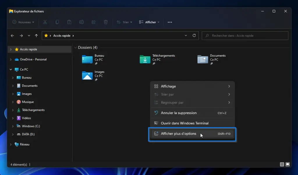 afficher plus d'option windows 11