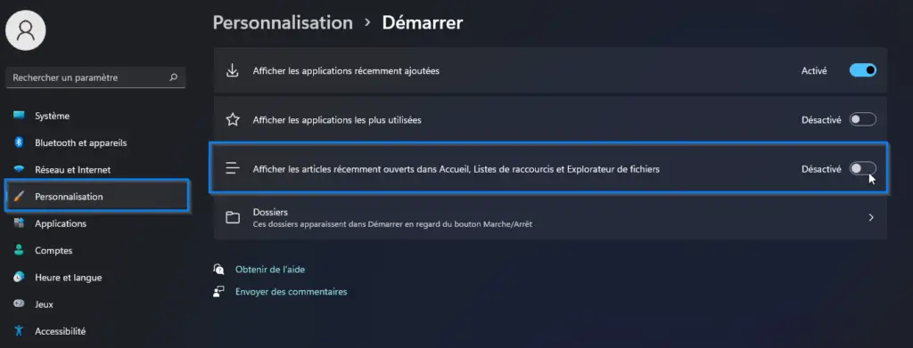 désactiver les articles récemments ouverts dans windows 11