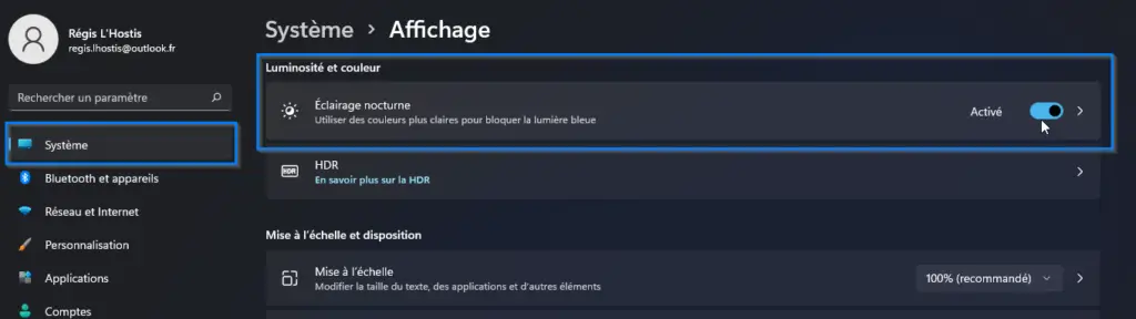 éclairage nocturne windows 11