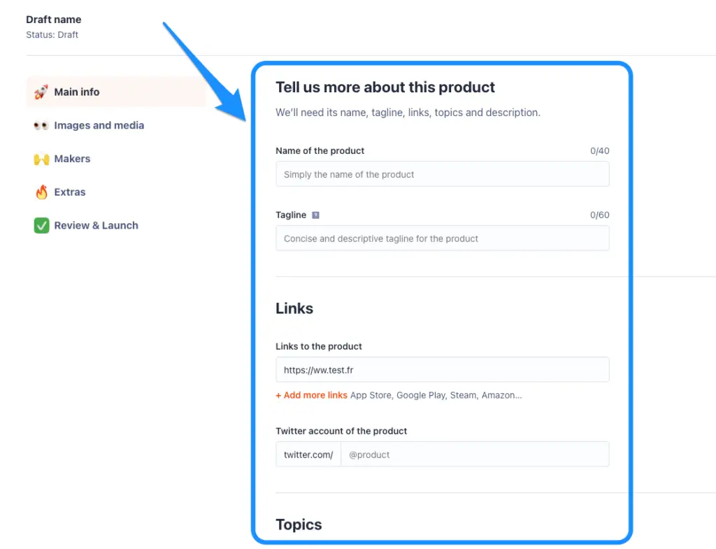 information sur un produit à ajouter - product hunt