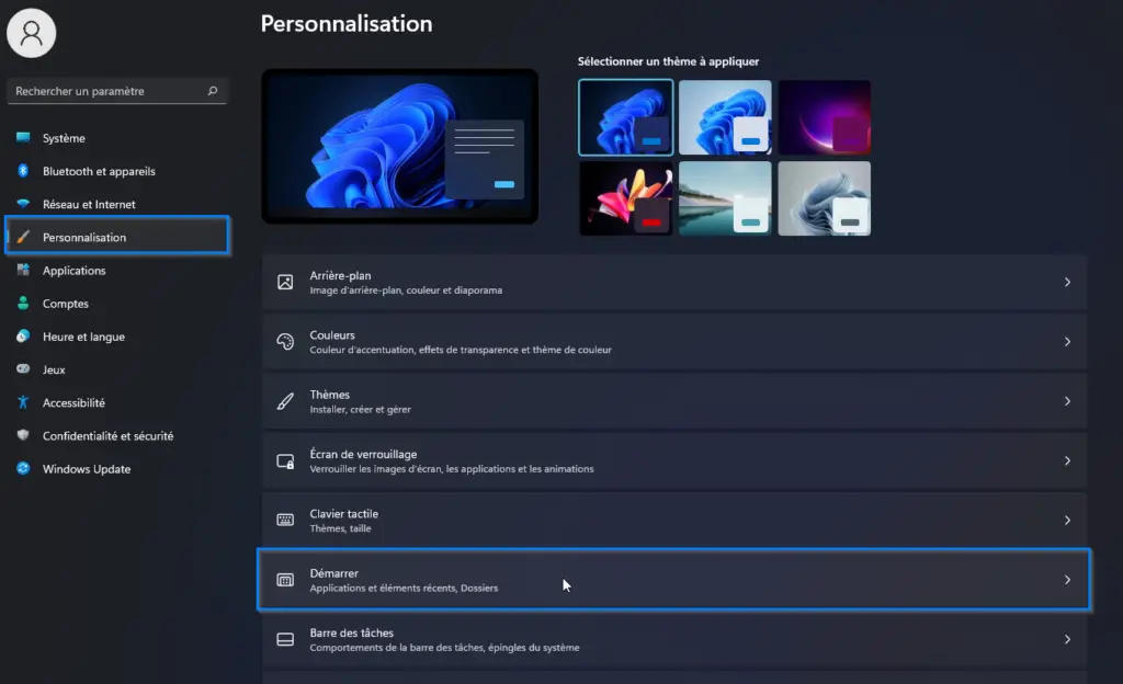 personnalisation > démarrer dans windows 11