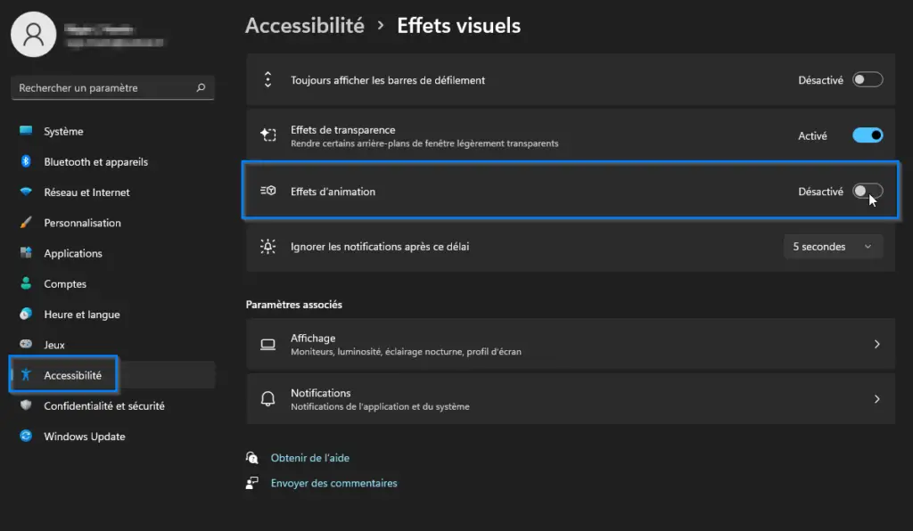 désactiver animation windows 11