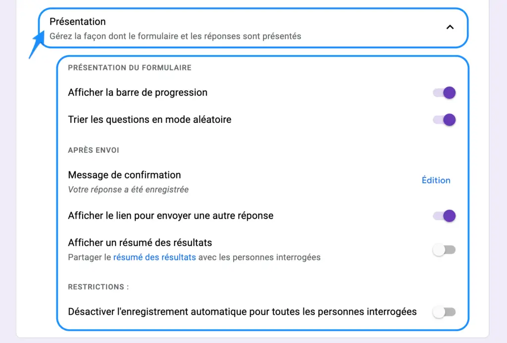 paramètres des réponses questionnaire forms 2022 