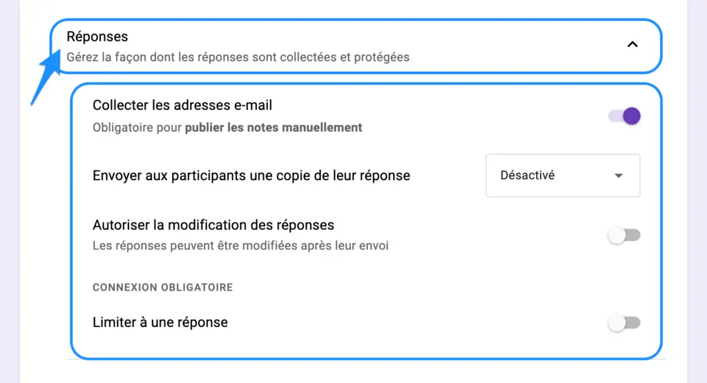 paramètres des réponses questionnaire forms 2022 