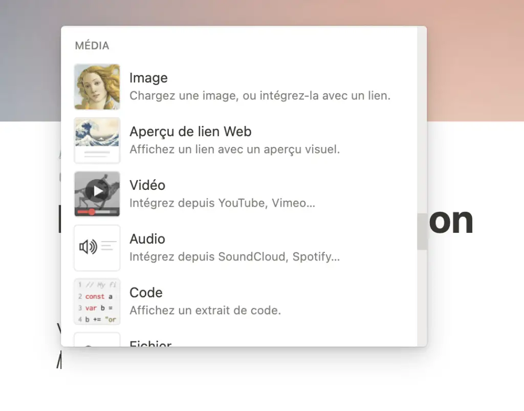 blocs de médias notion