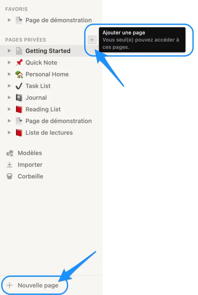 création d'une nouvelle page dans notion