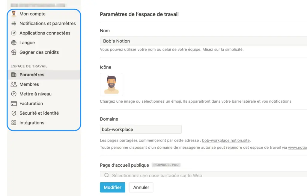 paramètres de Notion