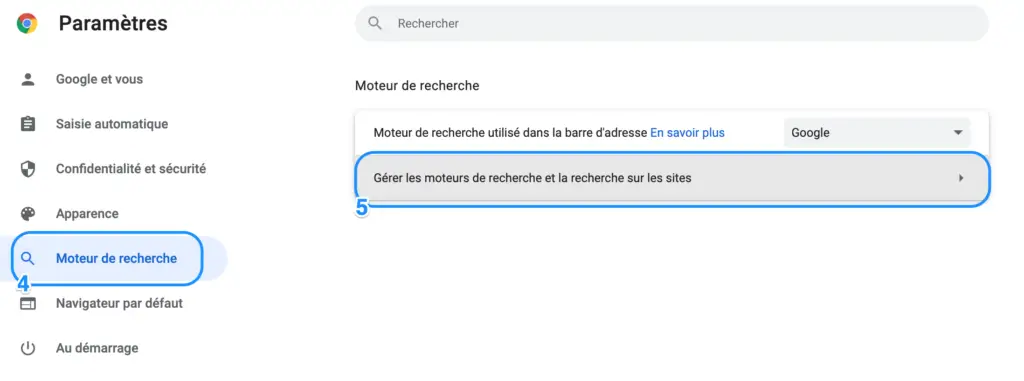 gérer moteurs recherche chrome