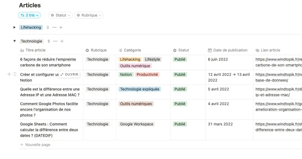 base de données de test notion