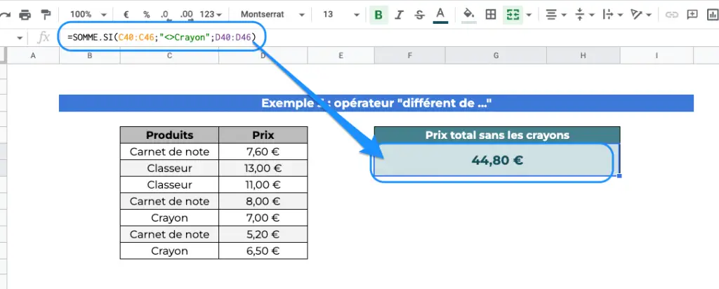 google-sheets-somme-si-differrent-de