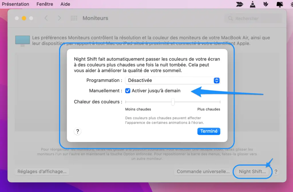 activation night shift menu préférence mac