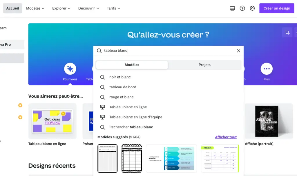 recherche tableau blanc Canva