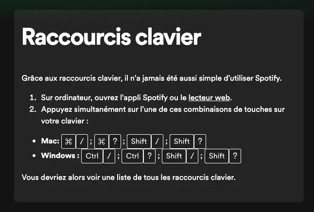 raccourcis clavier spotify