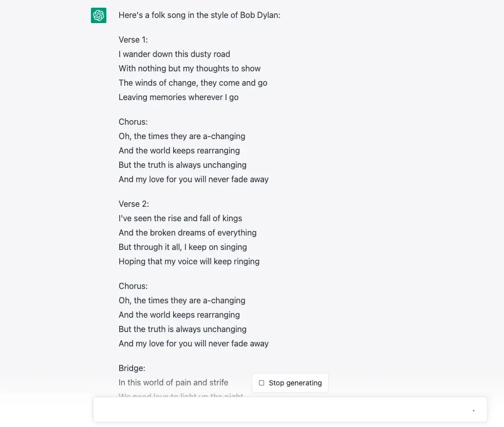 Bob Dylan song by chatGPT