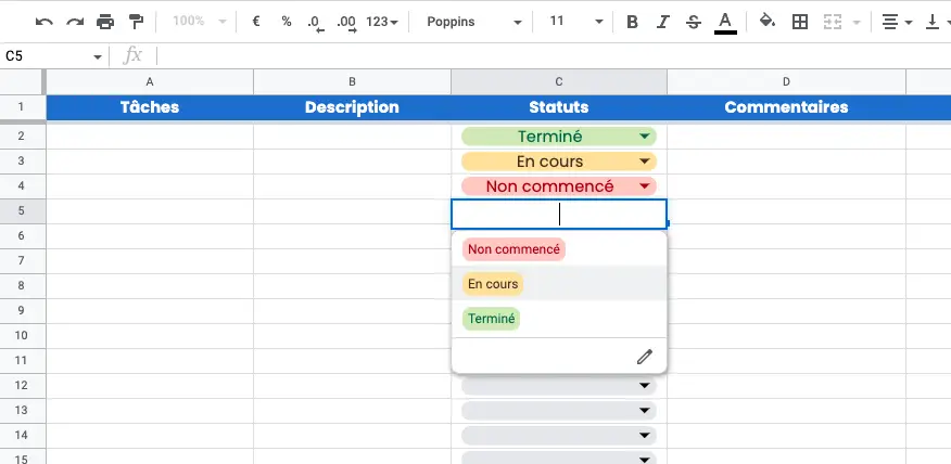 exemple menus déroulants sheets