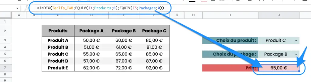 fonction INDEX + EQUIV avec Sheets