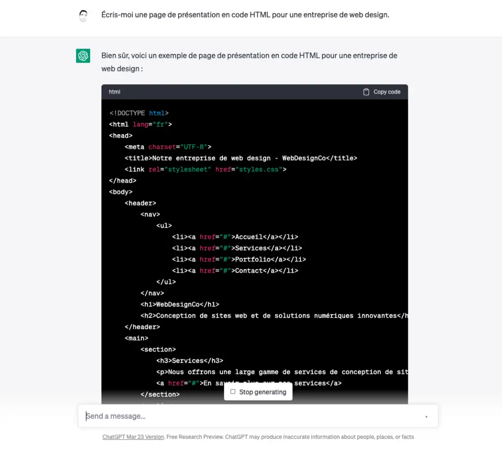 ChatGPT code HTML