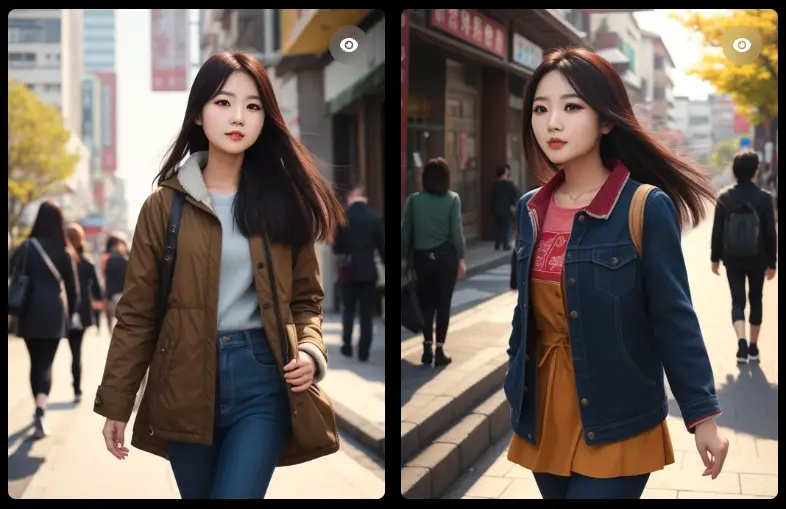 25 years asian old girl, photorealistic, walking in the street, bright peaceful background