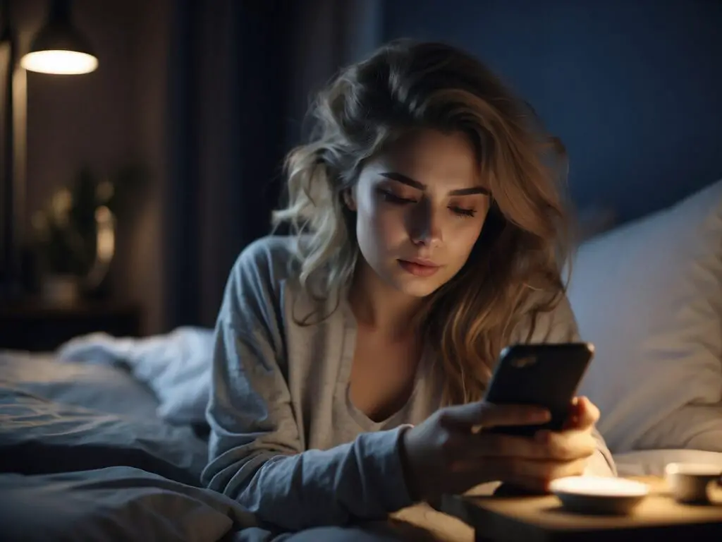 image généré par leonardo.ai - une jeune femme qui regarde son smartphone dans son lit