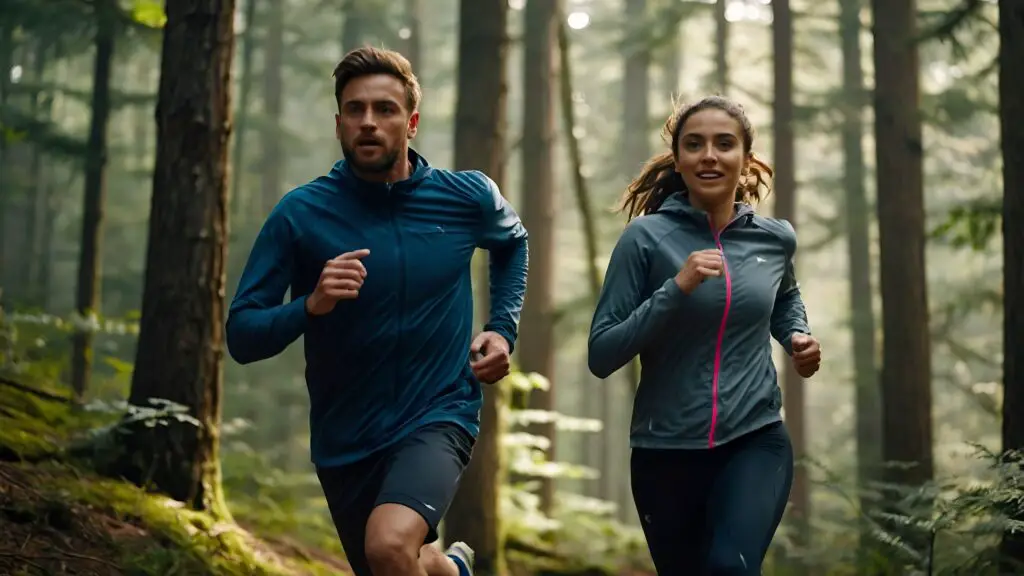 A_woman_and_man_running_in_a_forest_happy_sports_cloth_leonardoai